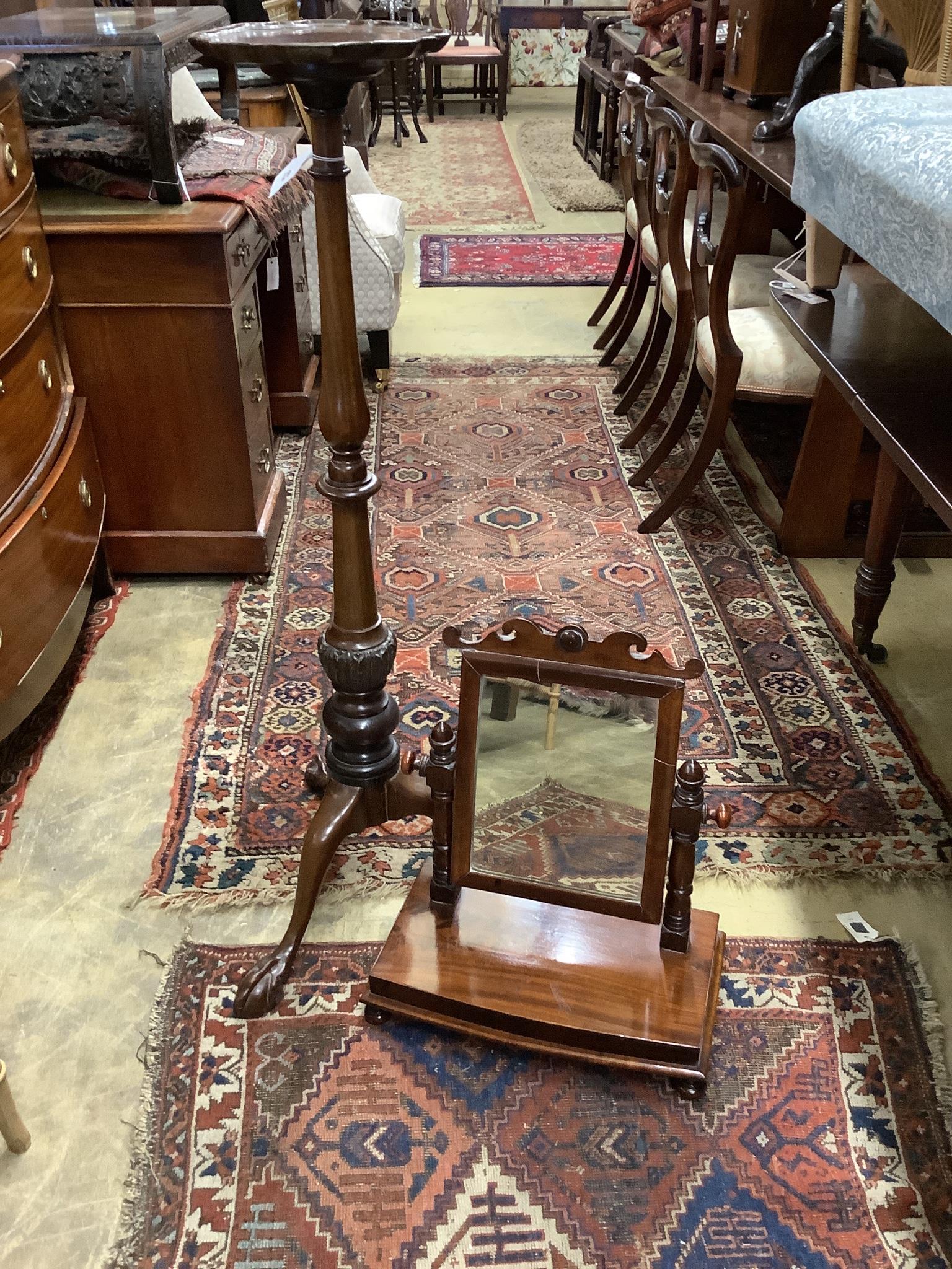A Chippendale revival mahogany tripod torchere, height 113cm together with a Victorian mahogany toilet mirror